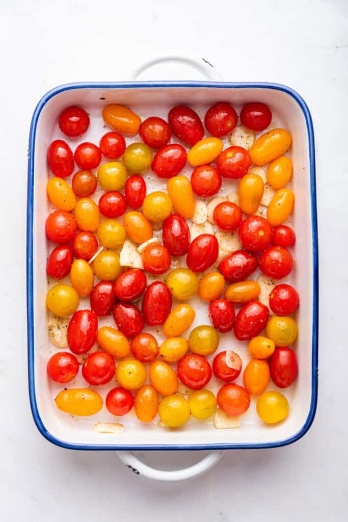 Cherry tomatoes in baking dish