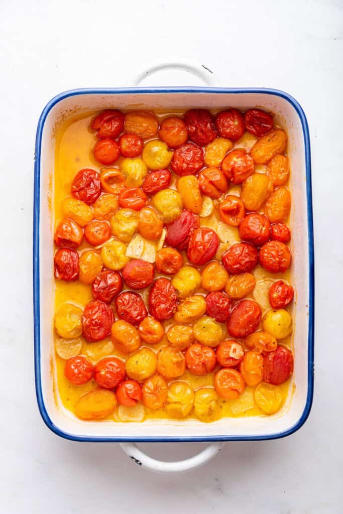 Overhead view of cherry tomatoes after roasting