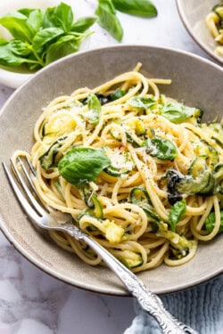 Fork in bowl of spaghetti alla Nerano