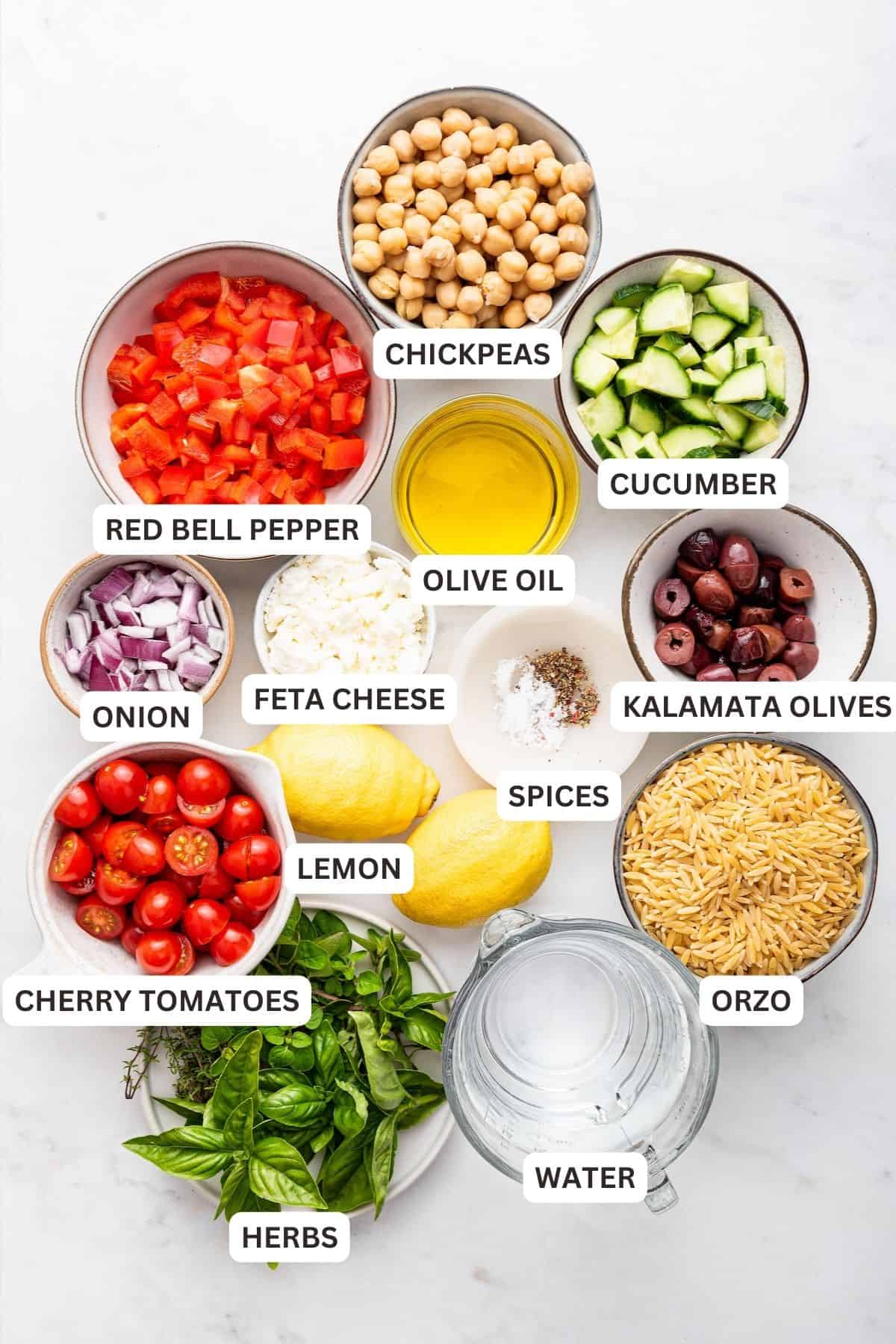 Overhead view of ingredients for orzo pasta salad