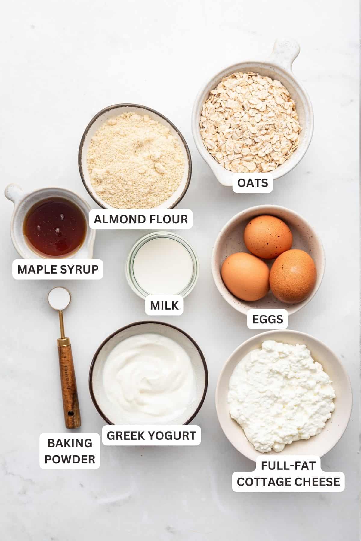 Overhead view of ingredients for protein waffles with labels