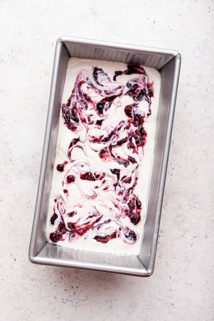 Overhead view of cottage cheese ice cream mixture in loaf pan