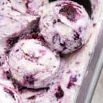 Scoops of berry cottage cheese ice cream in pan