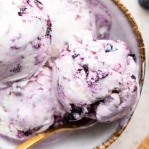 Overhead view of berry cottage cheese ice cream in bowl