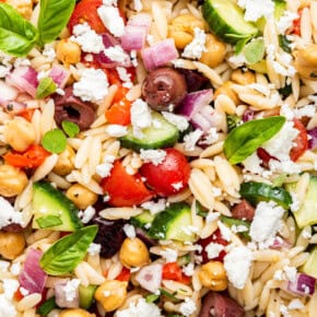 Overhead view of fresh orzo pasta salad