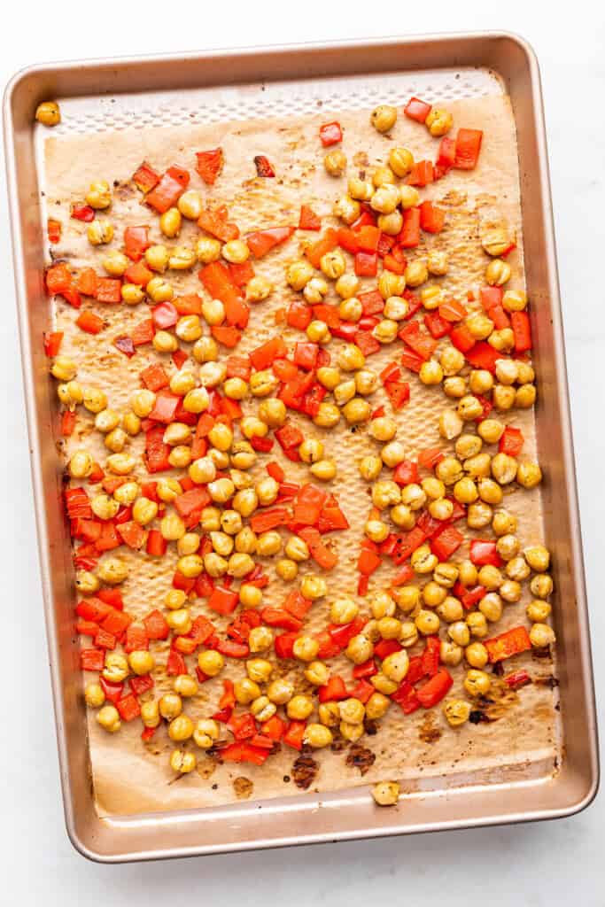 Overhead view of roasted chickpeas and red pepper