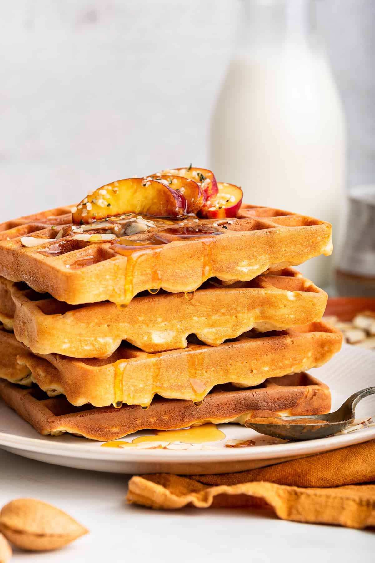 Stack of 4 protein waffles on plate