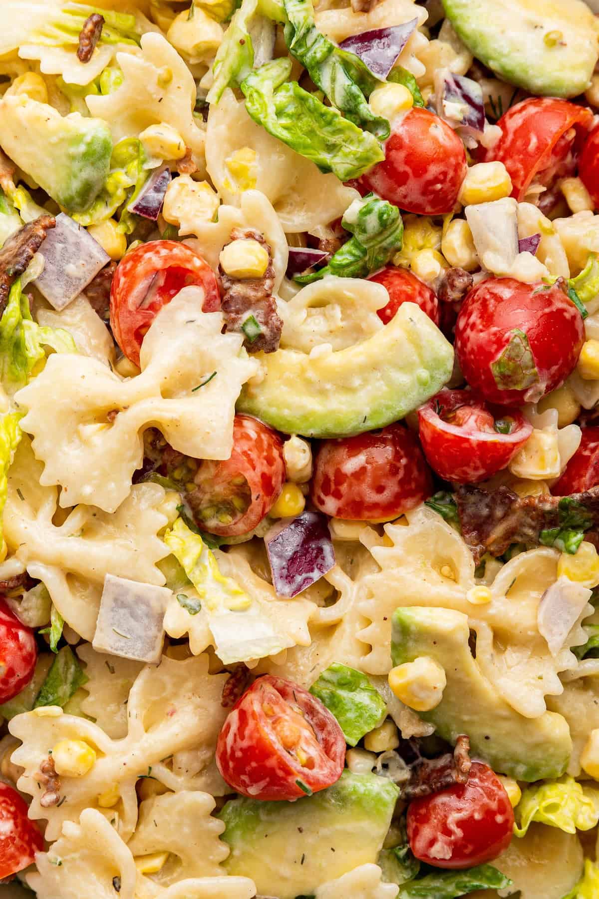 Closeup of BLT pasta salad with ranch dressing