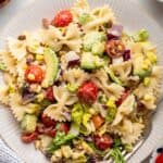 Overhead view of BLT pasta salad on plate