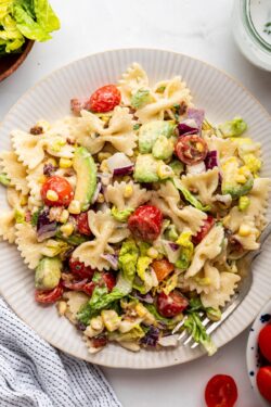 Overhead view of BLT pasta salad on plate