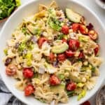 Overhead view of BLT pasta salad in serving bowl