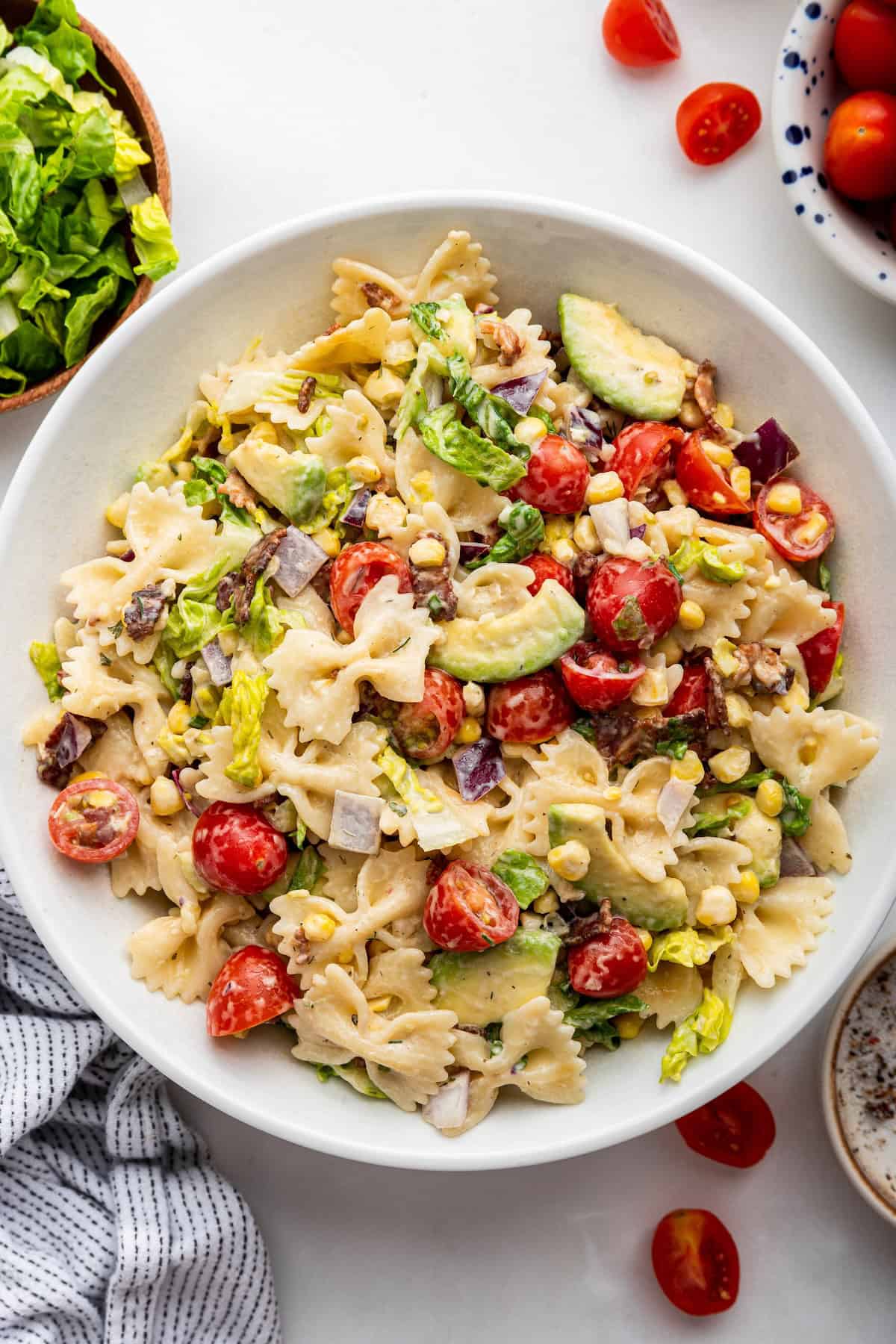 Overhead view of BLT pasta salad in serving bowl