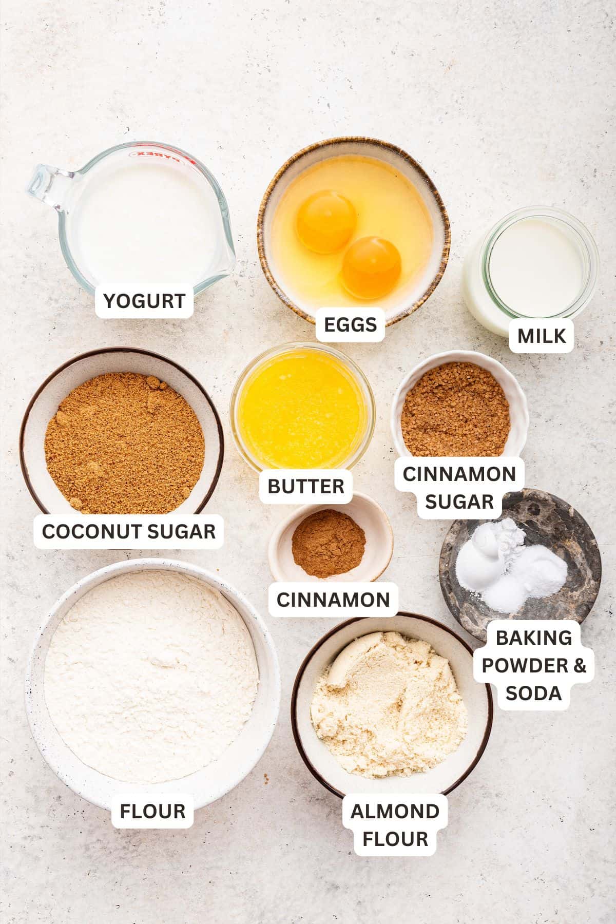 Overhead view of ingredients for cinnamon muffins with labels