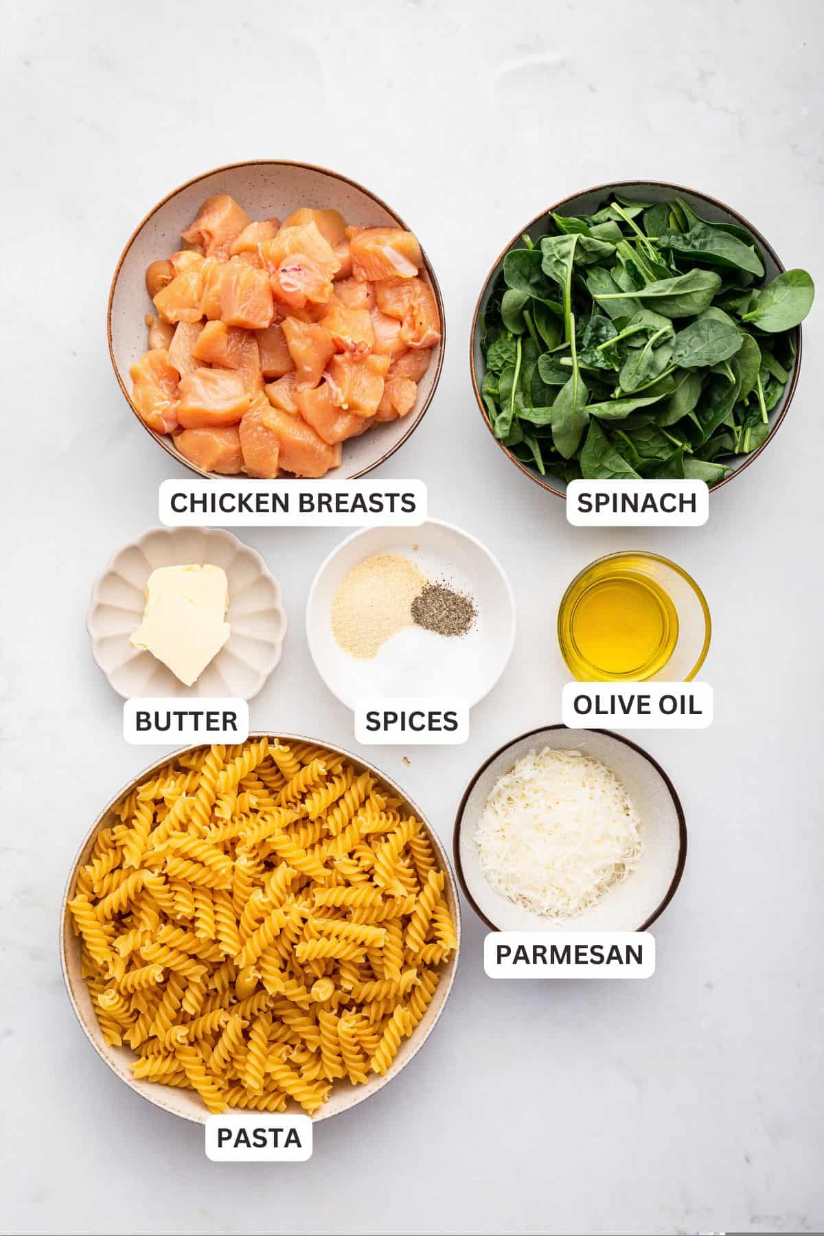 Overhead view of ingredients for garlic Parmesan chicken pasta with labels