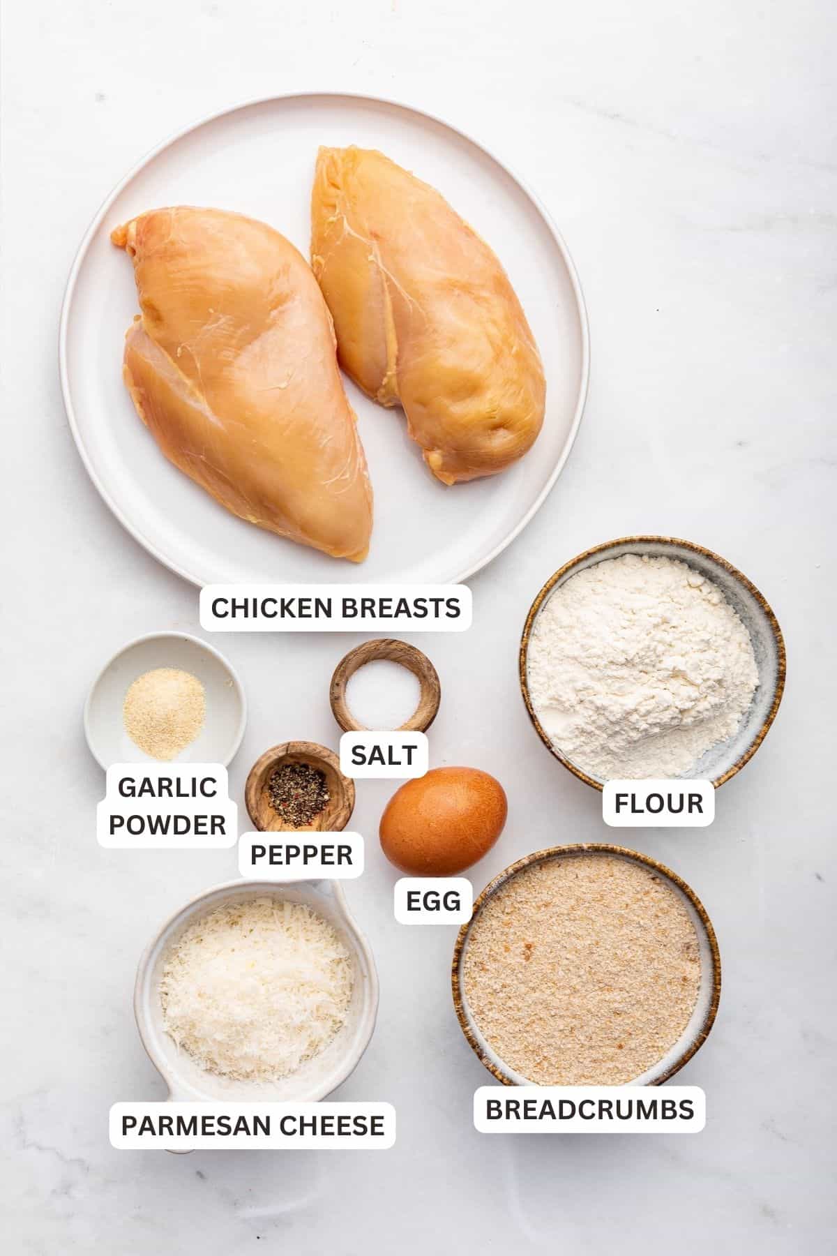 Overhead view of ingredients for garlic Parmesan chicken with labels