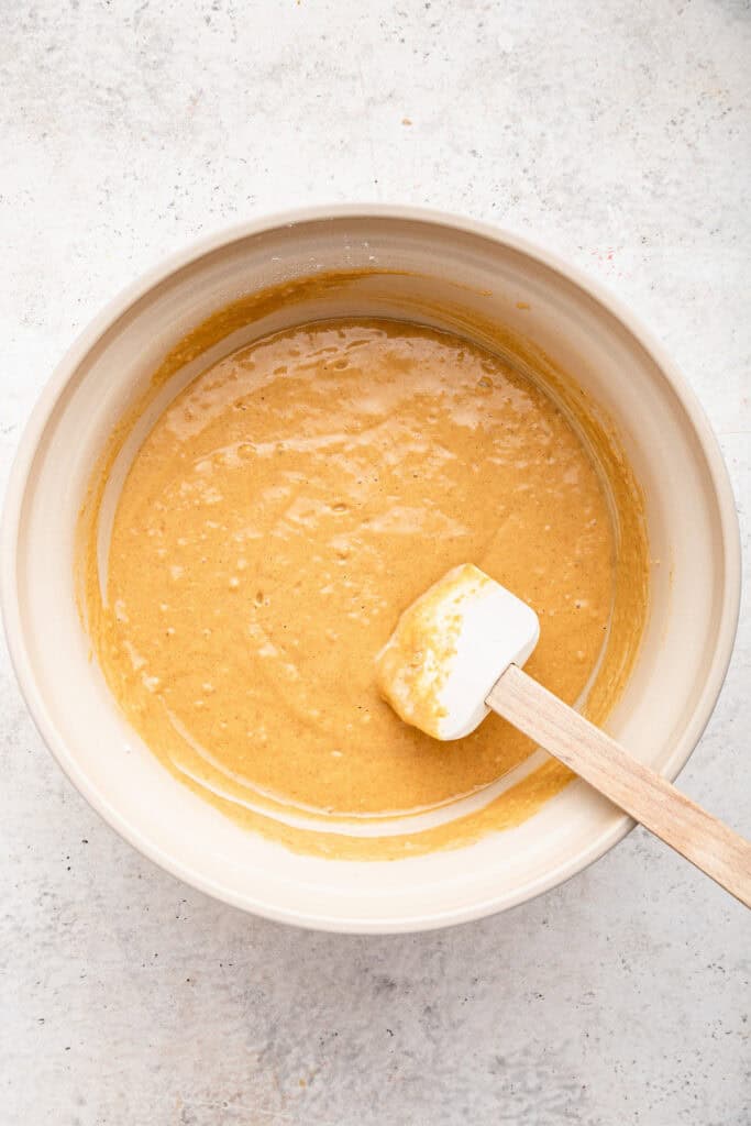 Overhead view of batter for cinnamon muffins