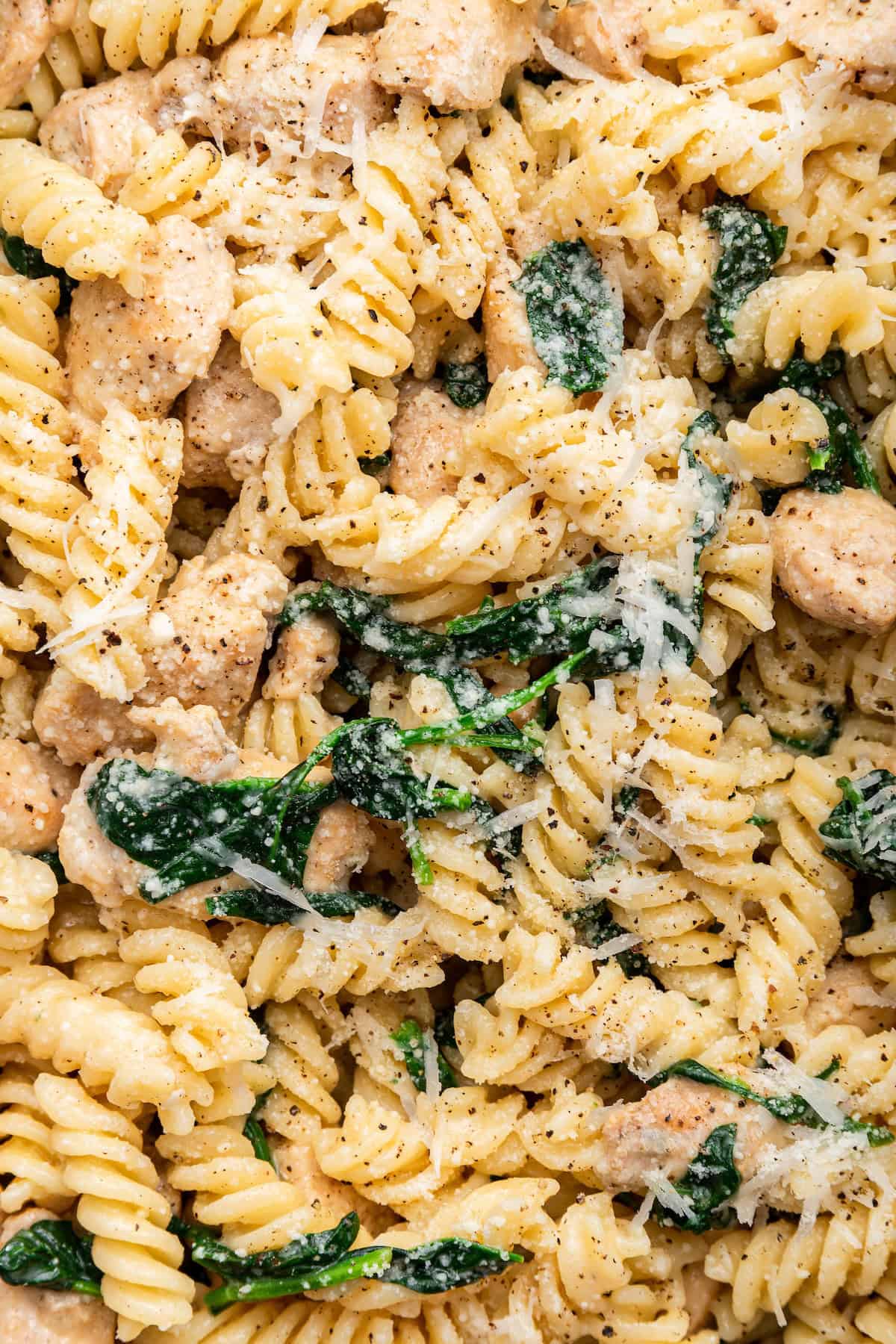 Overhead view of garlic Parmesan chicken pasta