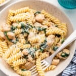 Overhead view of garlic Parmesan chicken pasta in bowl