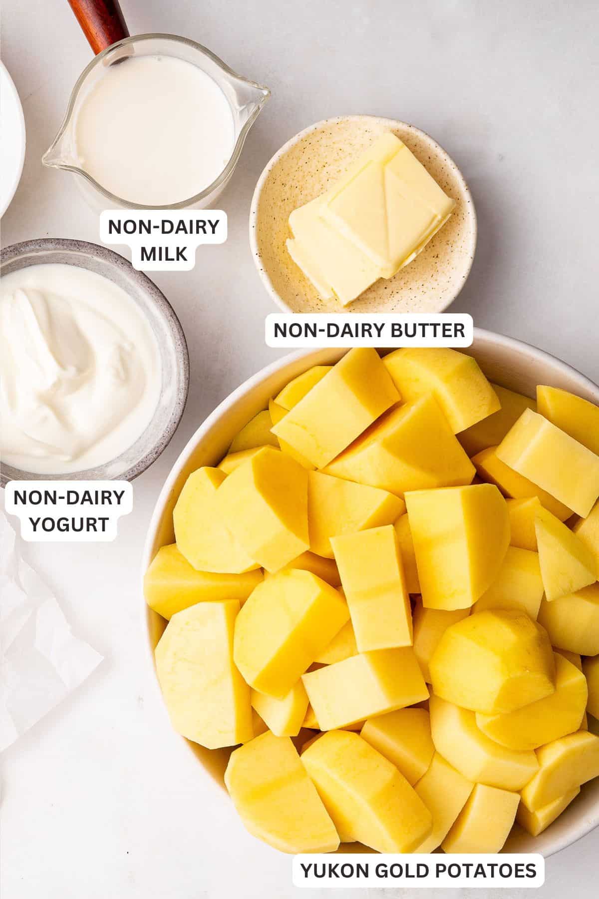 Overhead view of ingredients for dairy-free mashed potatoes with labels