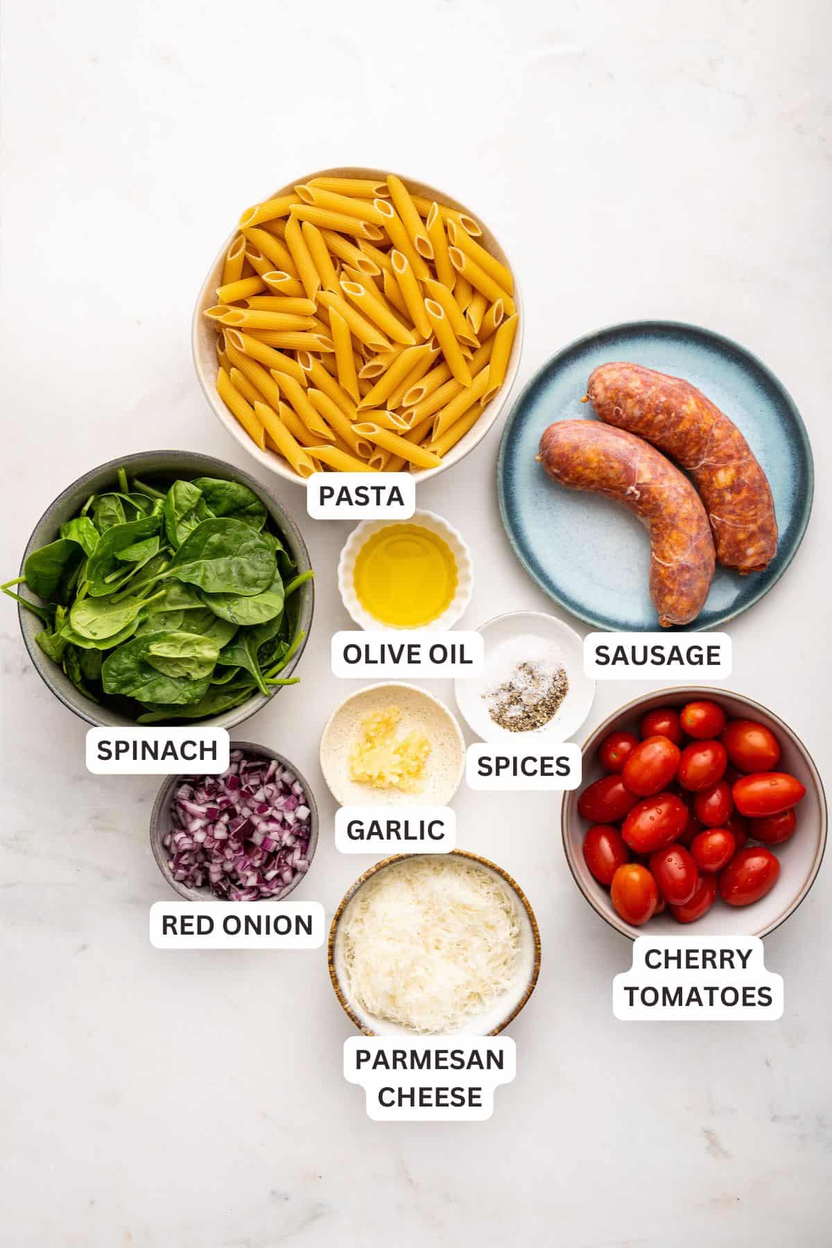 Overhead view of ingredients for sausage pasta with labels