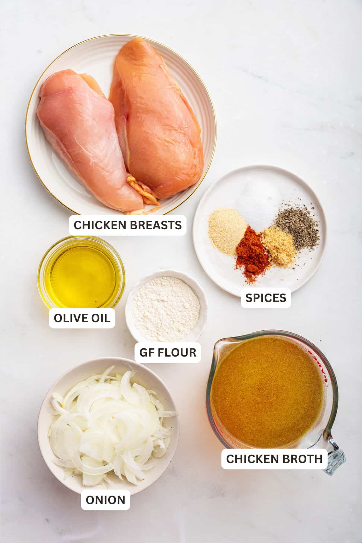 Overhead view of ingredients for smothered chicken with labels