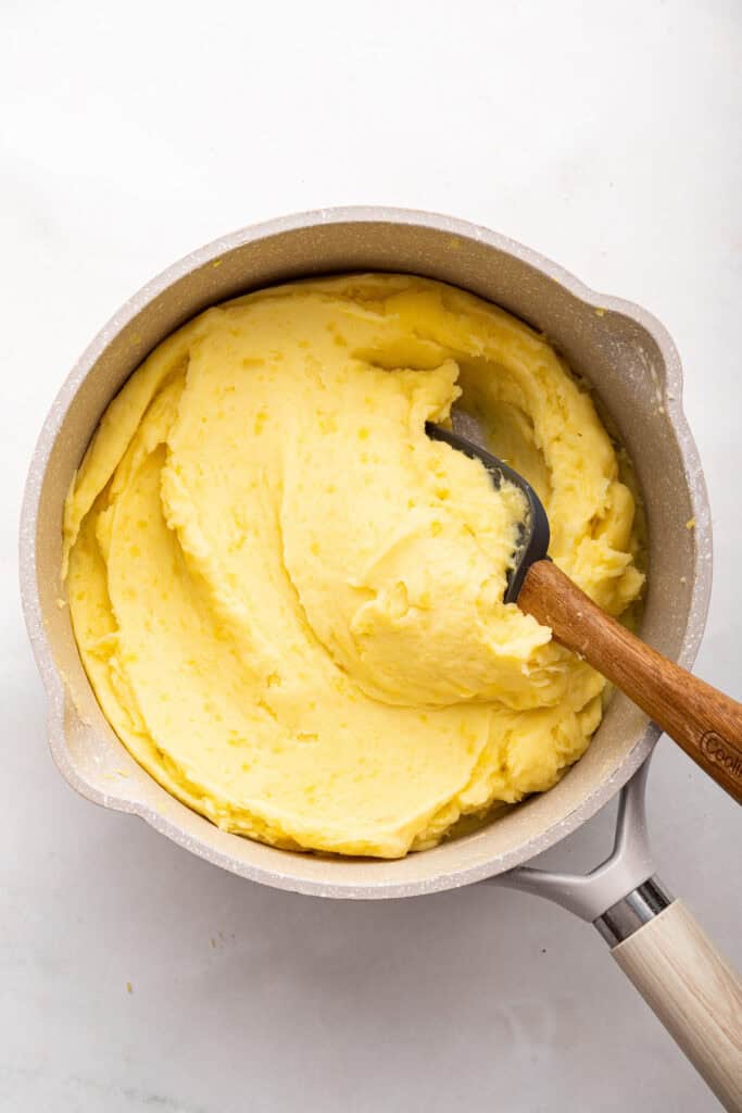 Overhead view of dairy-free mashed potatoes in pan