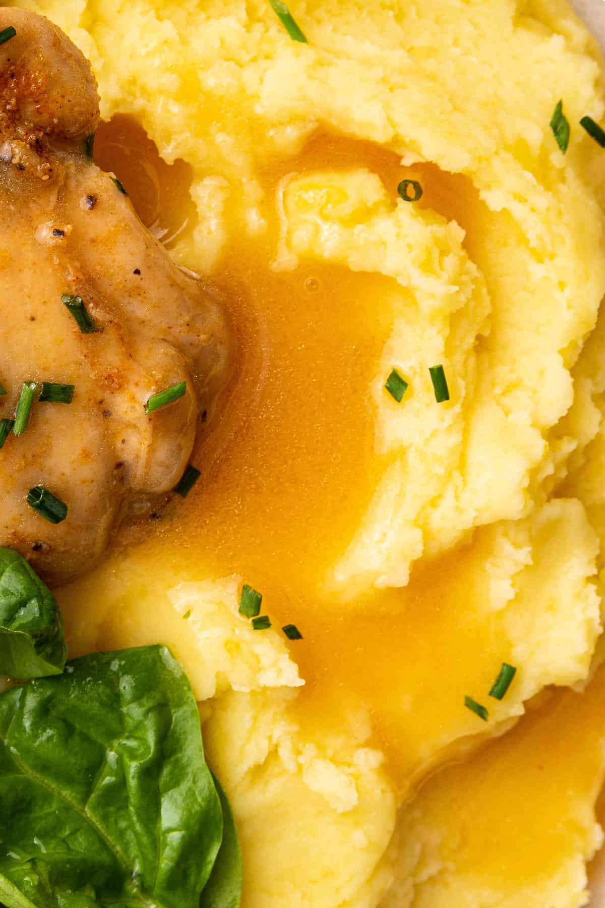 Closeup of dairy-free mashed potatoes with gravy