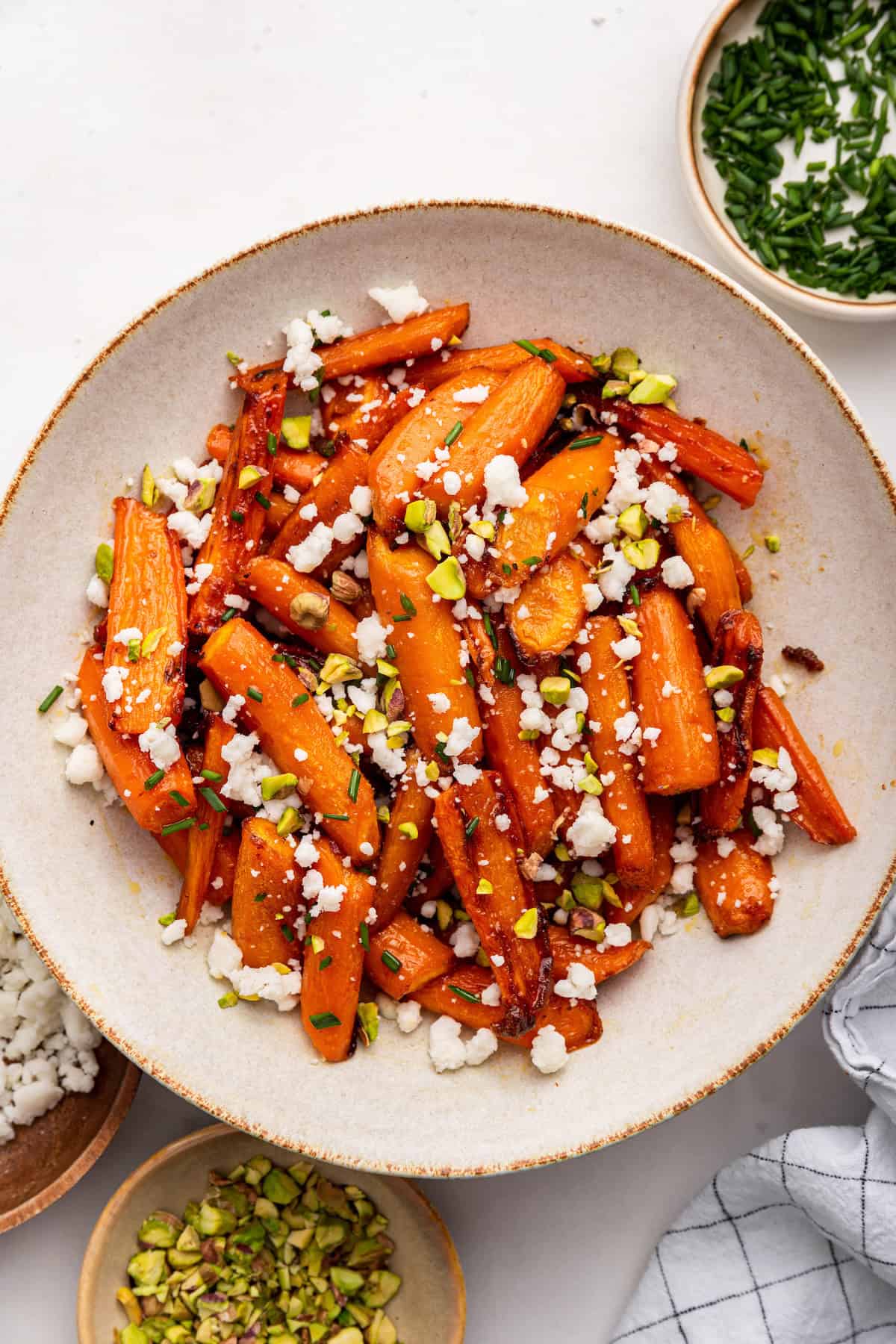 Overhead view of honey roasted carrots in bowl