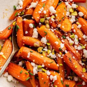 Overhead view of honey roasted carrots in dish