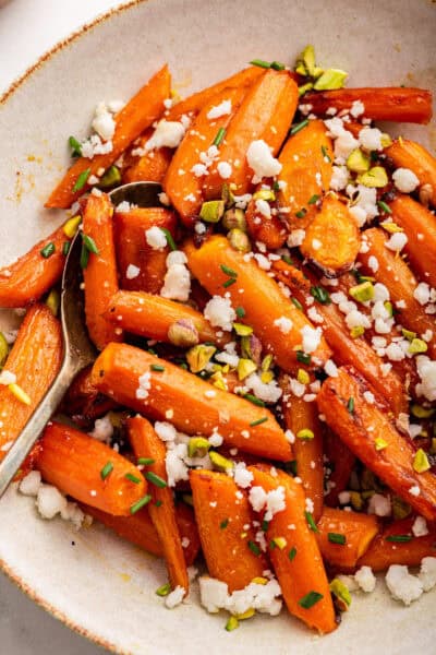 Overhead view of honey roasted carrots in dish