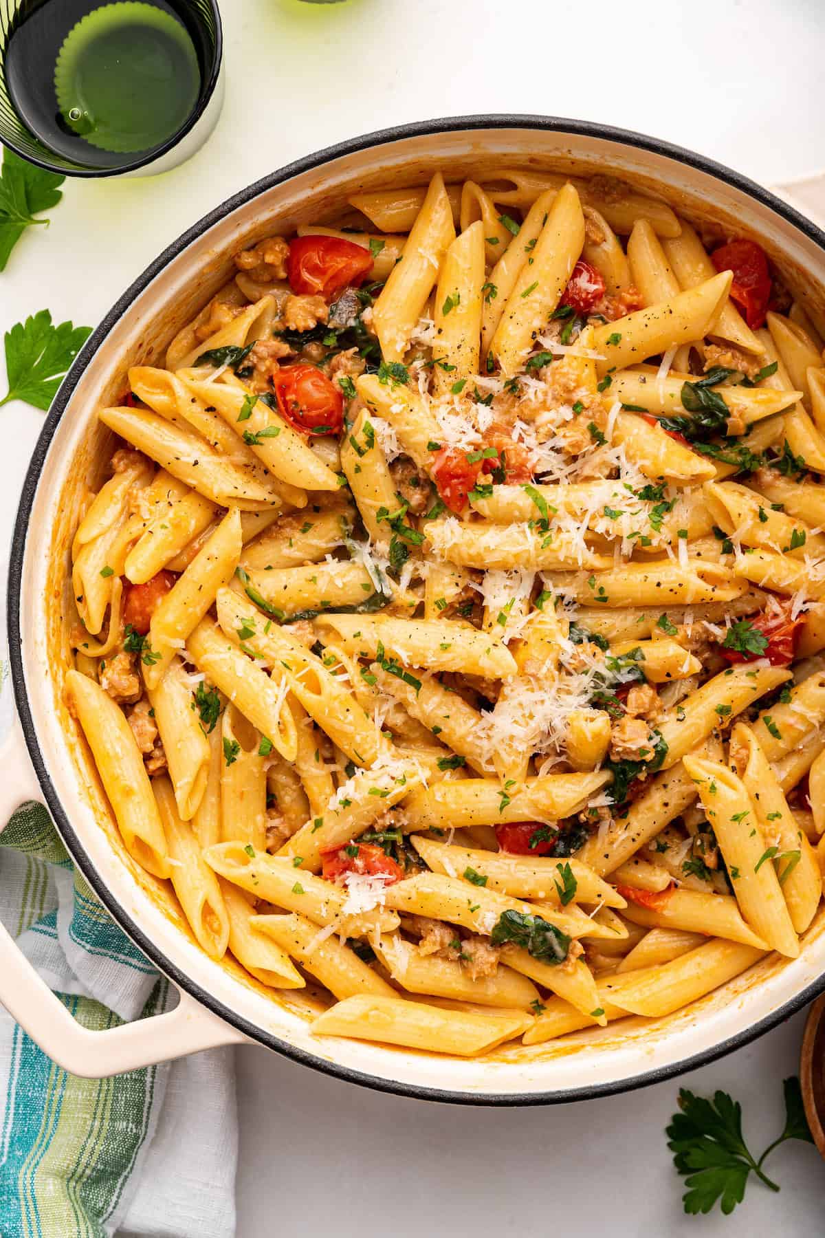 Overhead view of Italian sausage pasta in pan