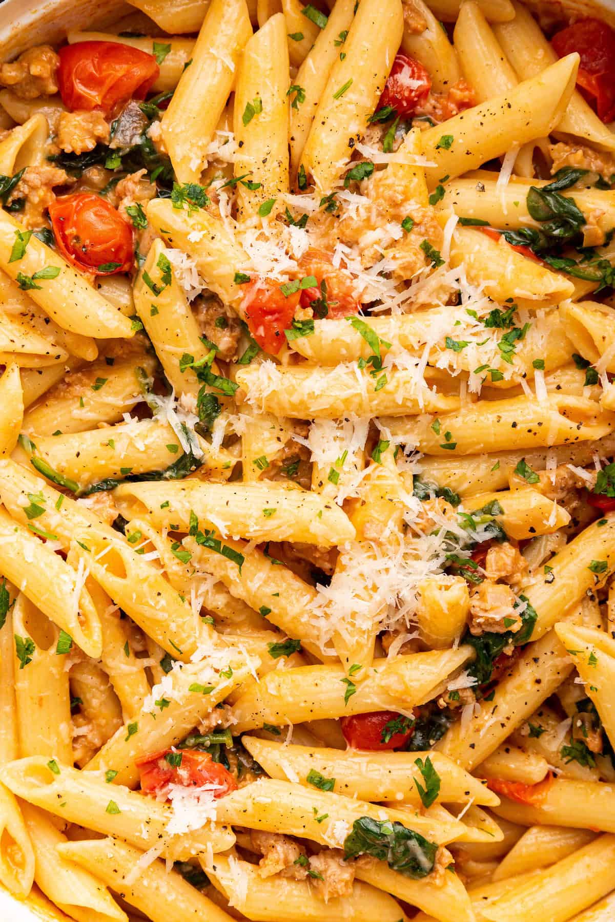 Overhead view of sausage pasta