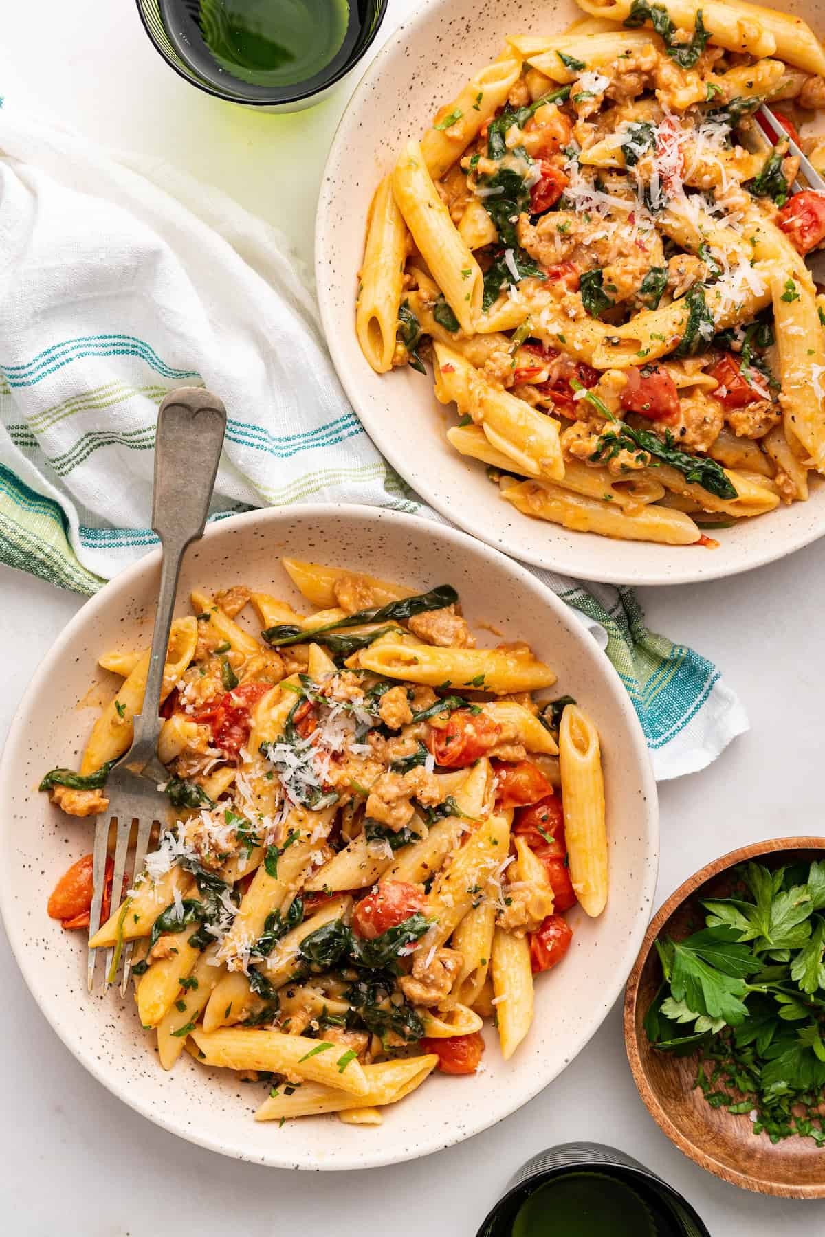 Two bowls of easy Italian sausage pasta