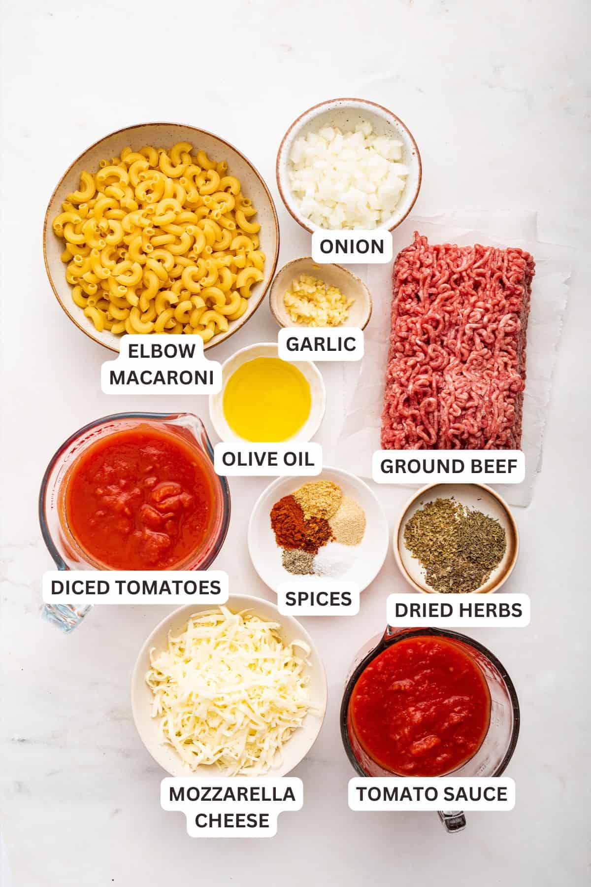 Overhead view of ingredients for beefaroni with labels