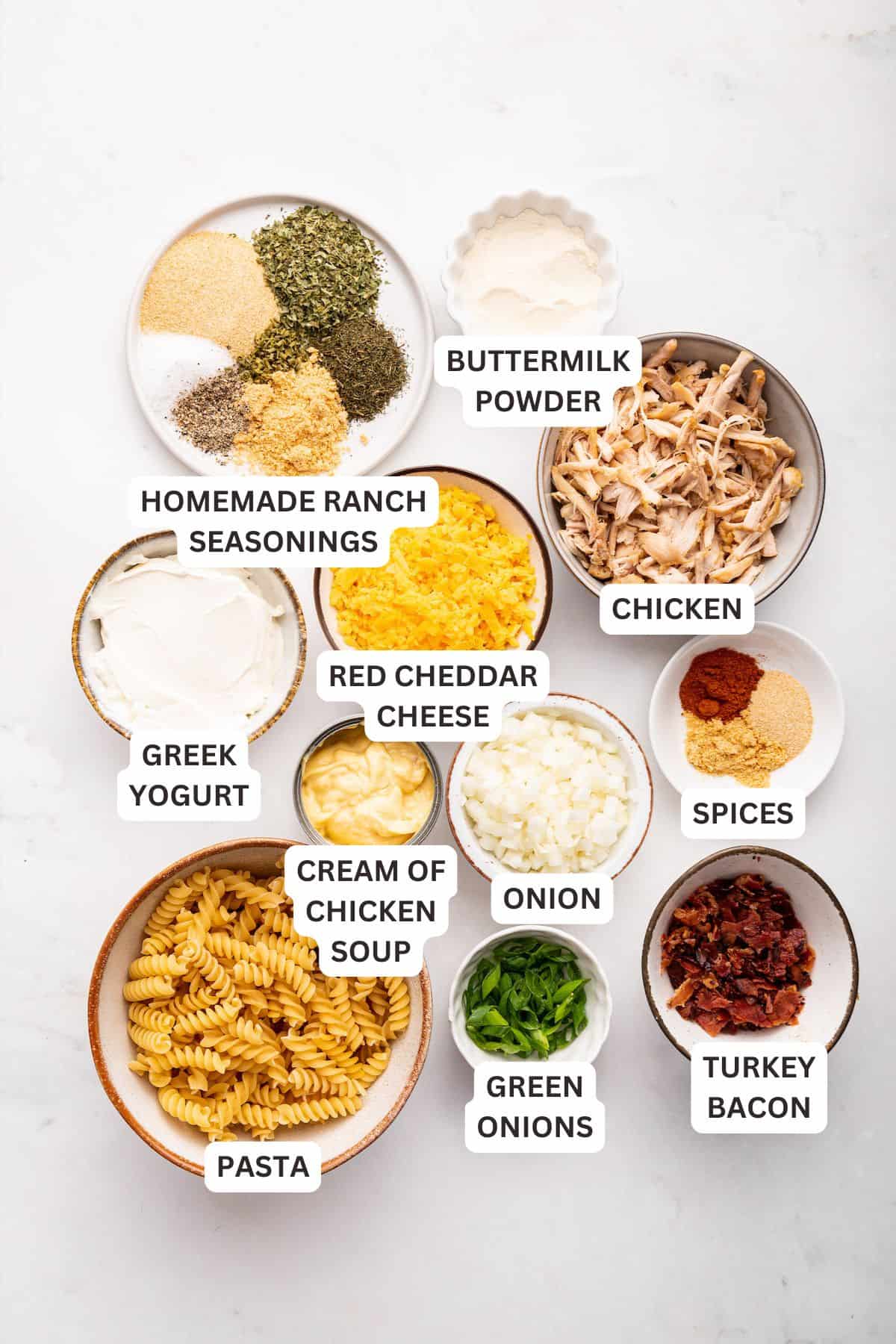 Overhead view of ingredients for crack chicken casserole with labels