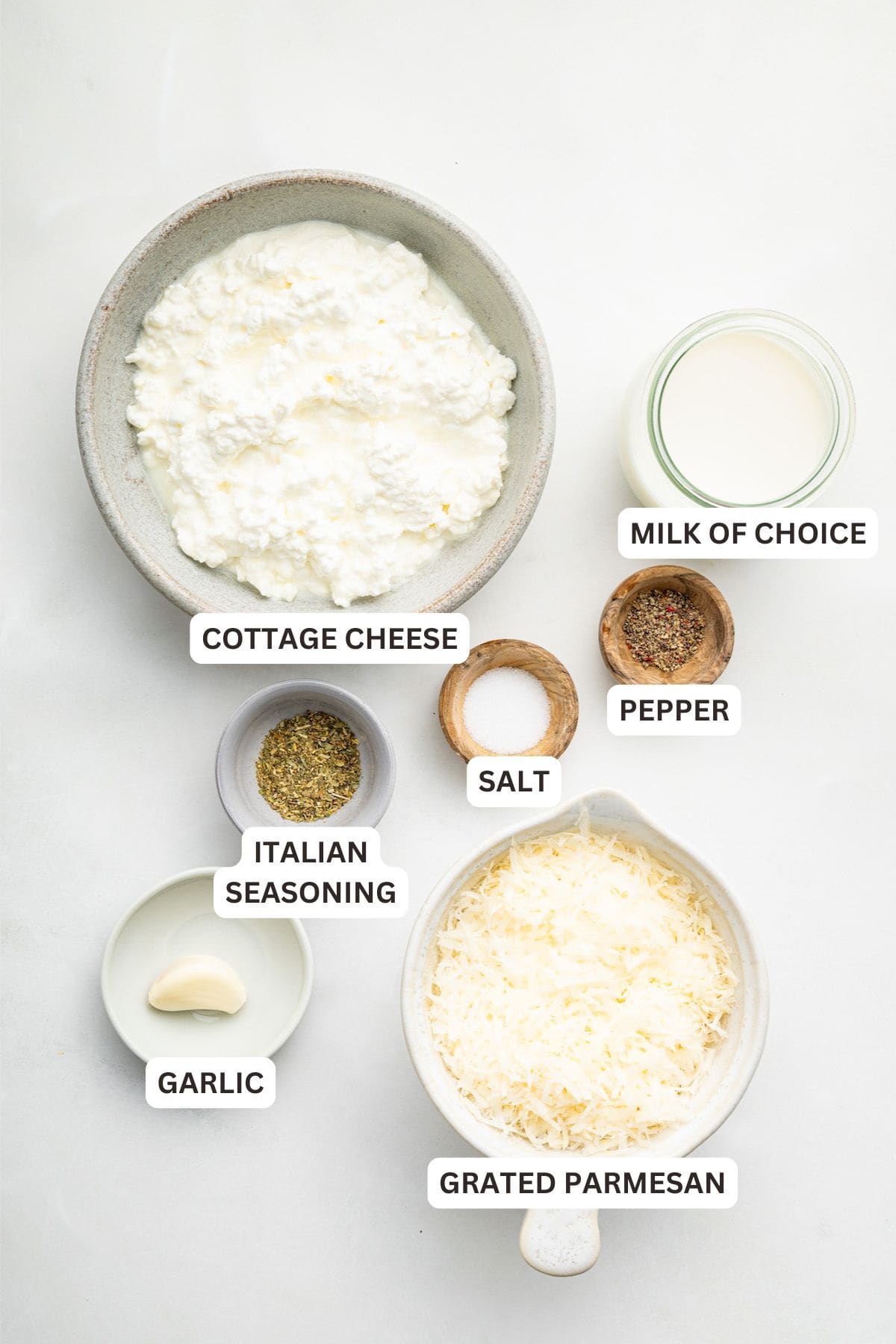 Overhead view of ingredients for cottage cheese Alfredo sauce with labels