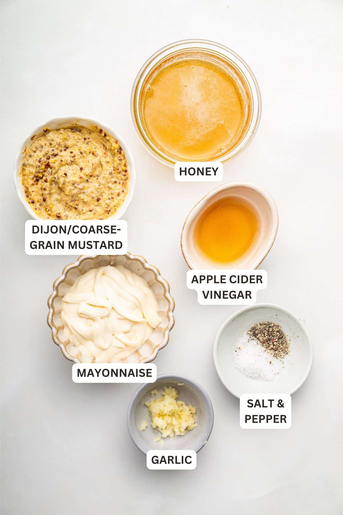 Overhead view of honey mustard dipping sauce ingredients with labels