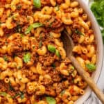 Homemade beefaroni recipe in skillet