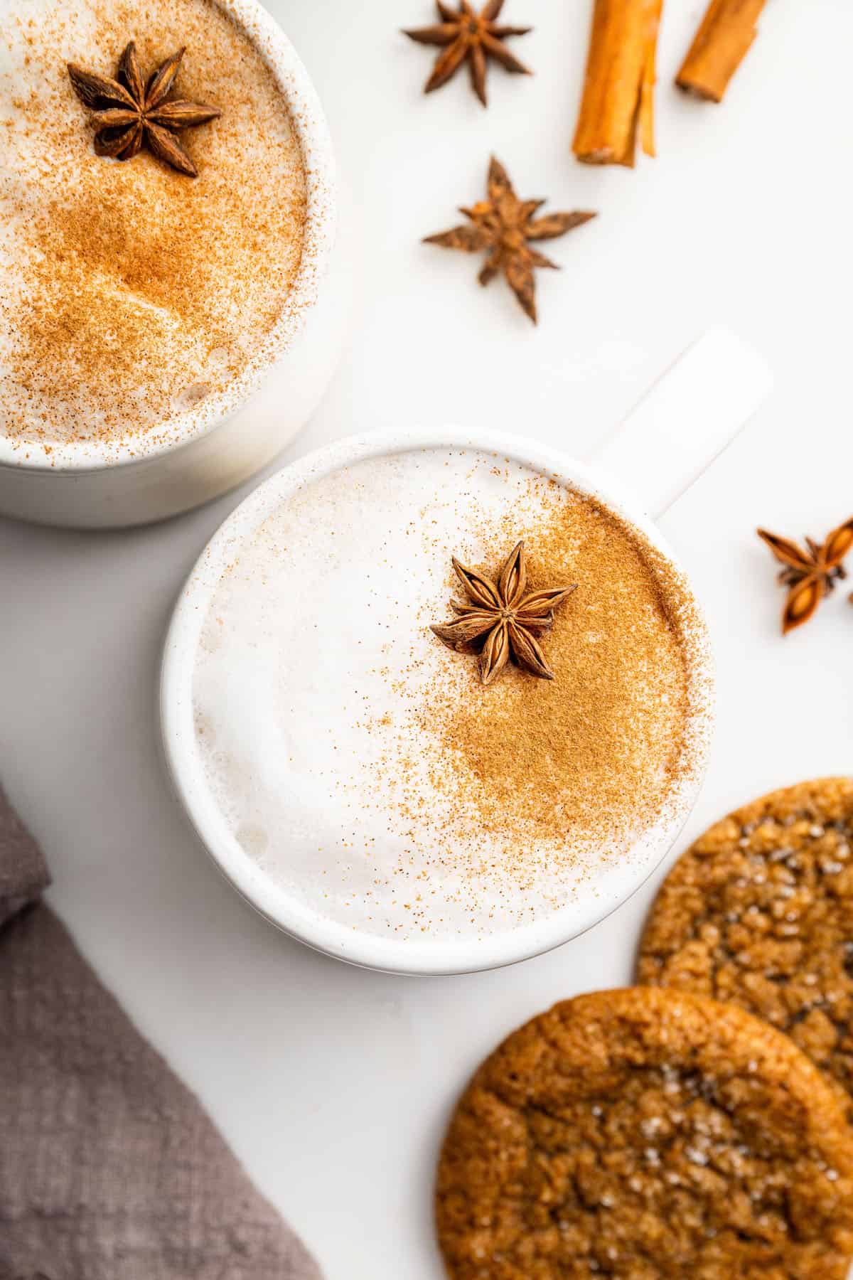 Overhead view of chai latte in 2 mugs