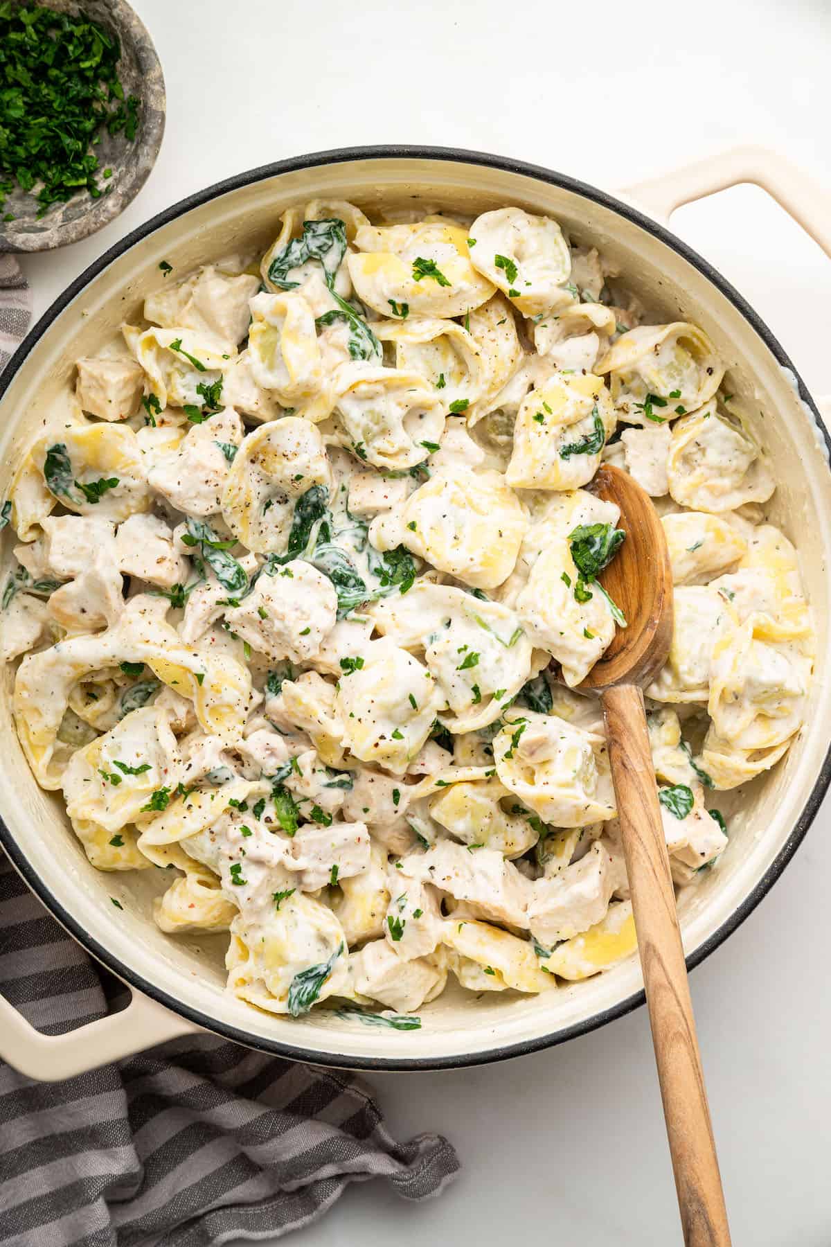 Skillet of chicken tortellini Alfredo