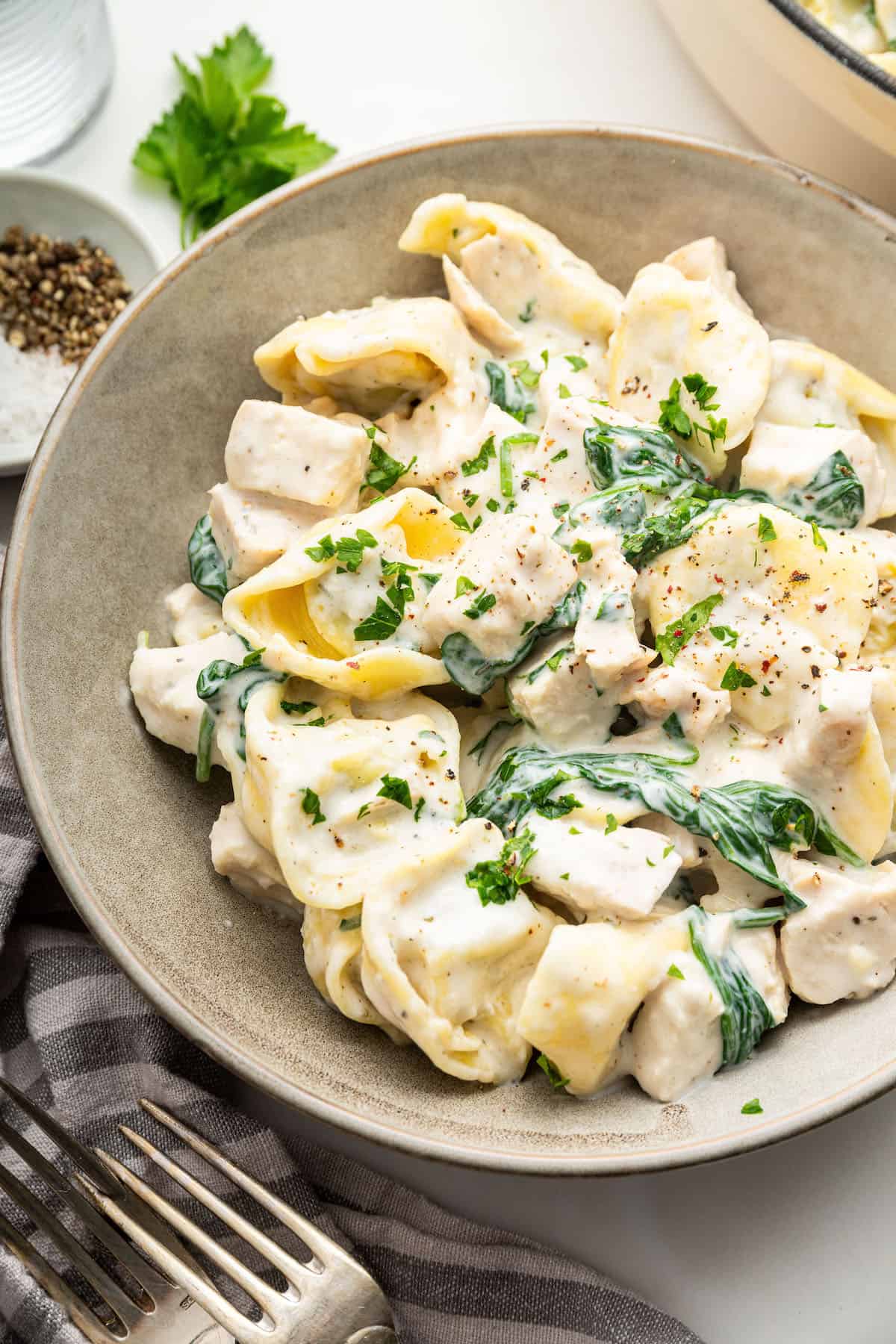 Bowl of lightened-up chicken tortellini Alfredo