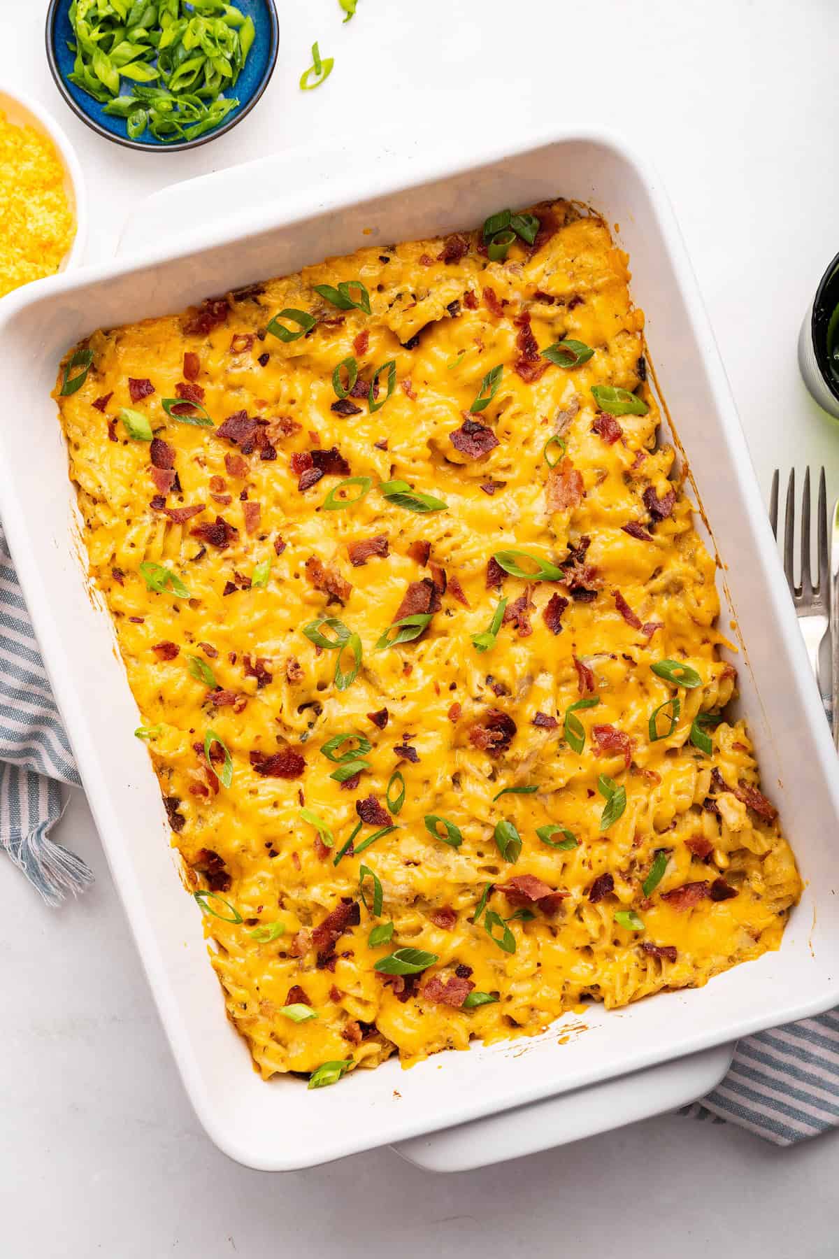 Overhead view of crack chicken casserole in baking dish