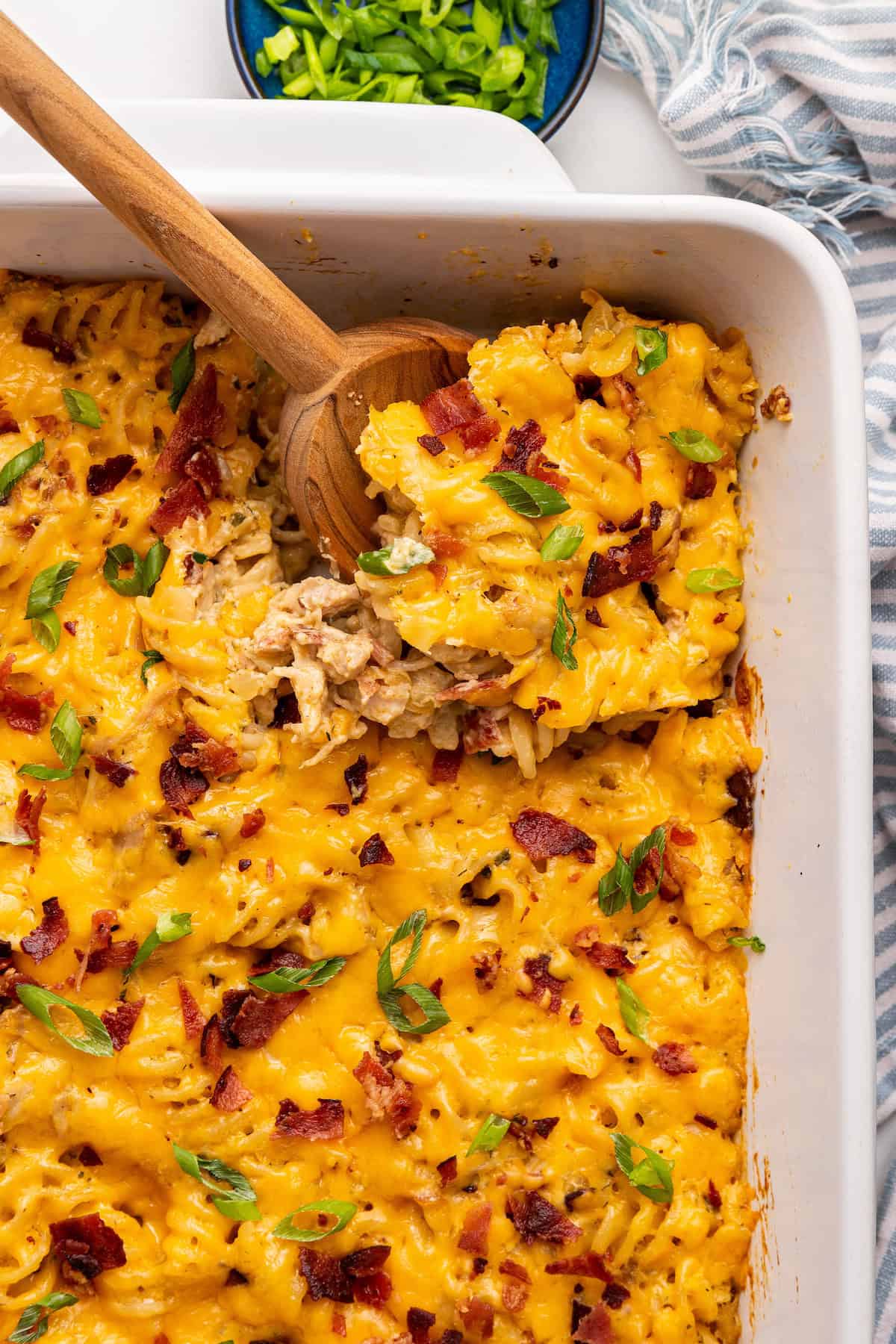 Overhead view of crack chicken casserole in baking dish