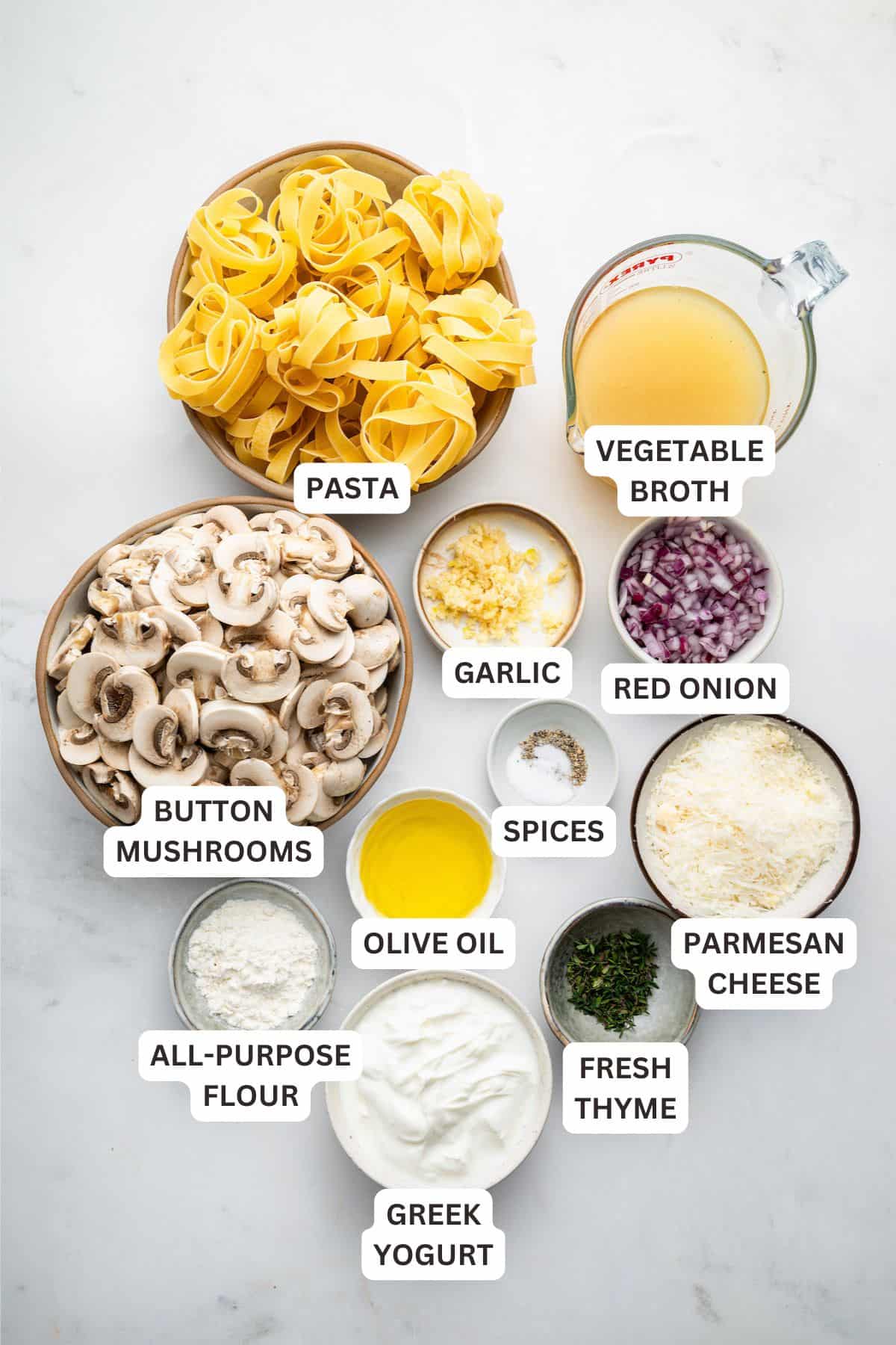 Overhead view of ingredients for creamy mushroom pasta with labels