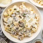 Overhead view of creamy mushroom pasta in bowl