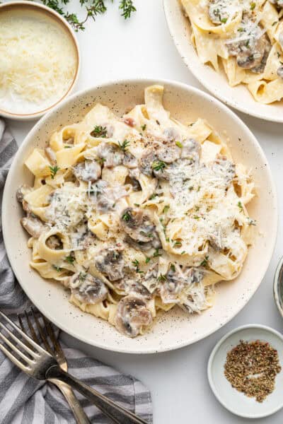 Overhead view of creamy mushroom pasta in bowl