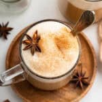 Top-down view of dirty chai latte in mug