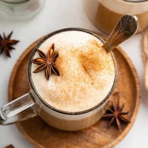 Top-down view of dirty chai latte in mug