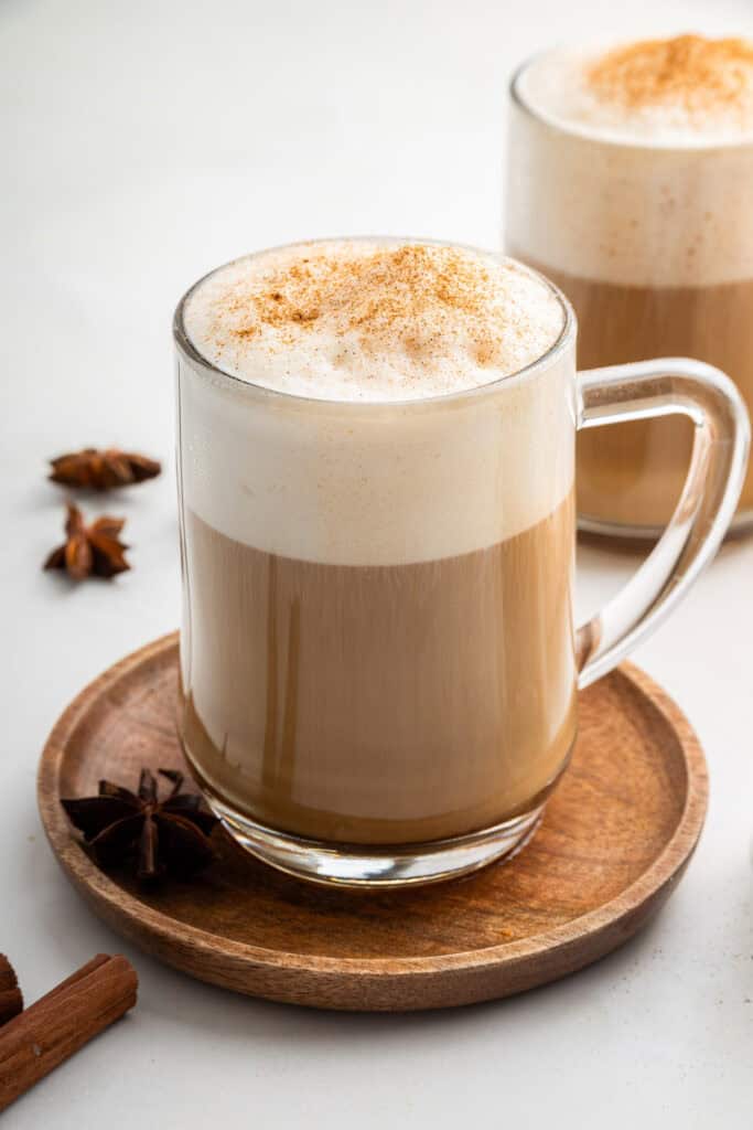 Dirty chai latte in glass mug