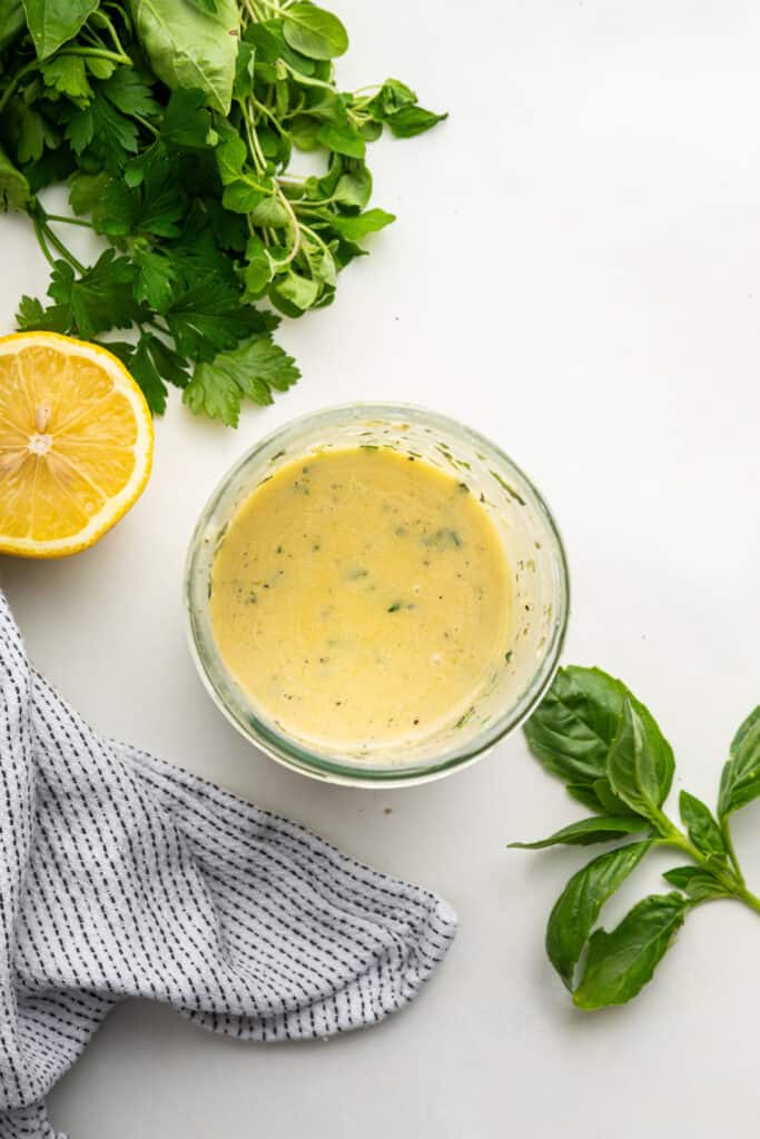 Overhead view of Italian dressing in jar